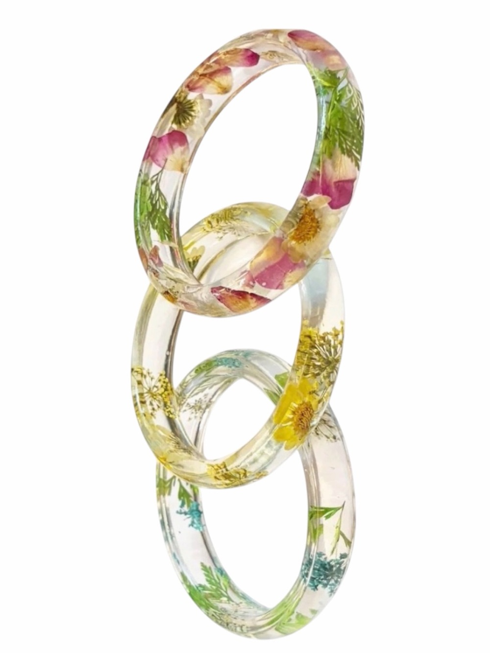 Dried Flower Clear Lucite Bangle Bracelets Bundle Lot of Three Bangles